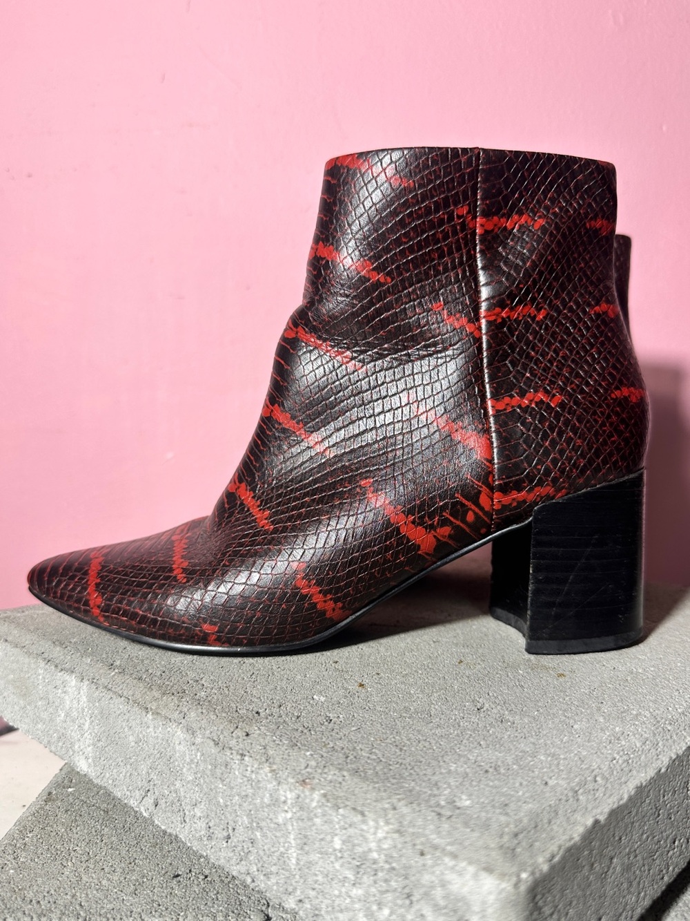 Marc Fisher Black Ankle Boot with Red Snake-Print